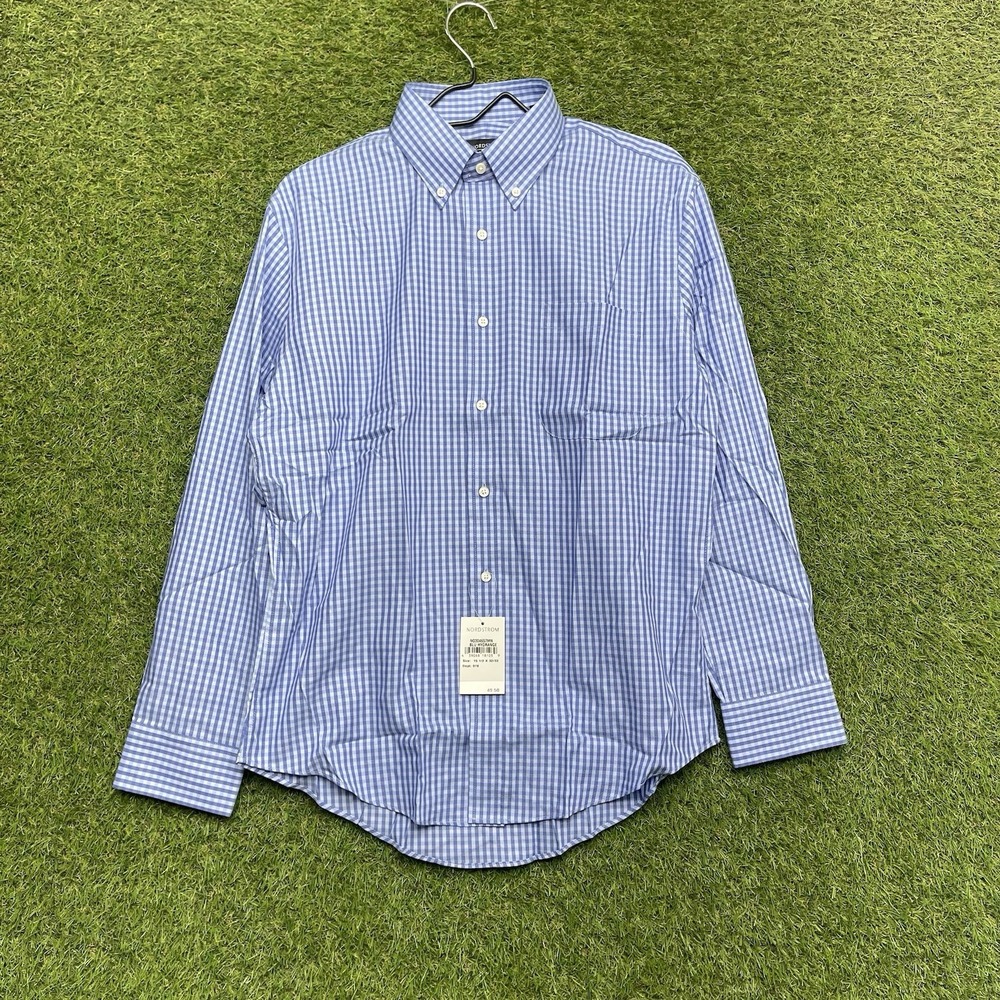 Nordstrom Dress Shirt Mens 15.5 32/33 Long Sleeve Trim Fit Blue Hydrange Gingham